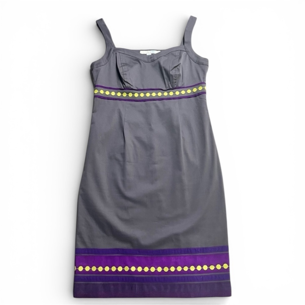 Boden Gray Purple Trim Polka Dot Sheath Dress Women’s Size 4P